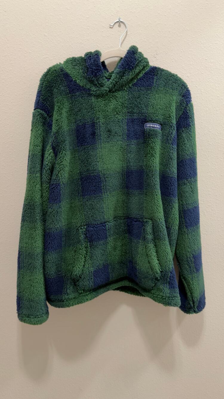Crown & Ivy Green Plaid Sherpa Hoodie Mens Large Fleece Pullover